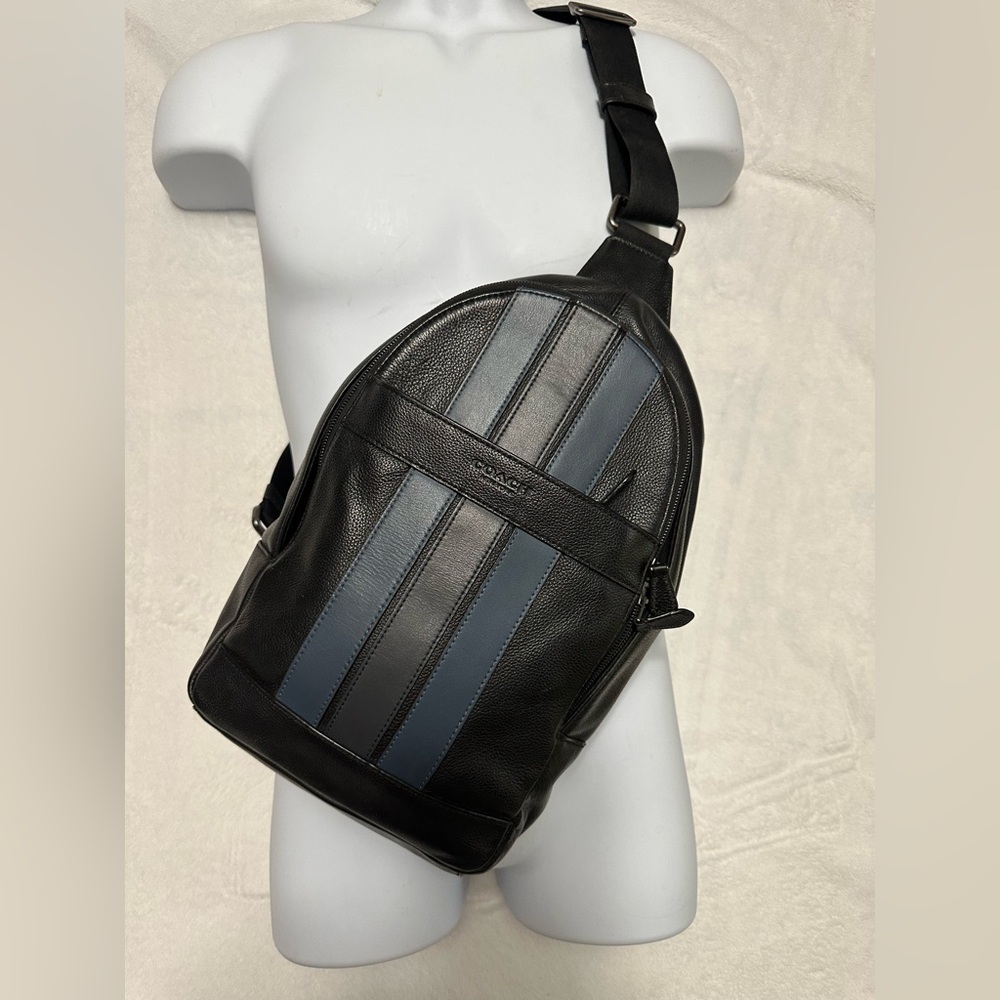 Coach Black Leather Sling Bag with Blue Stripes